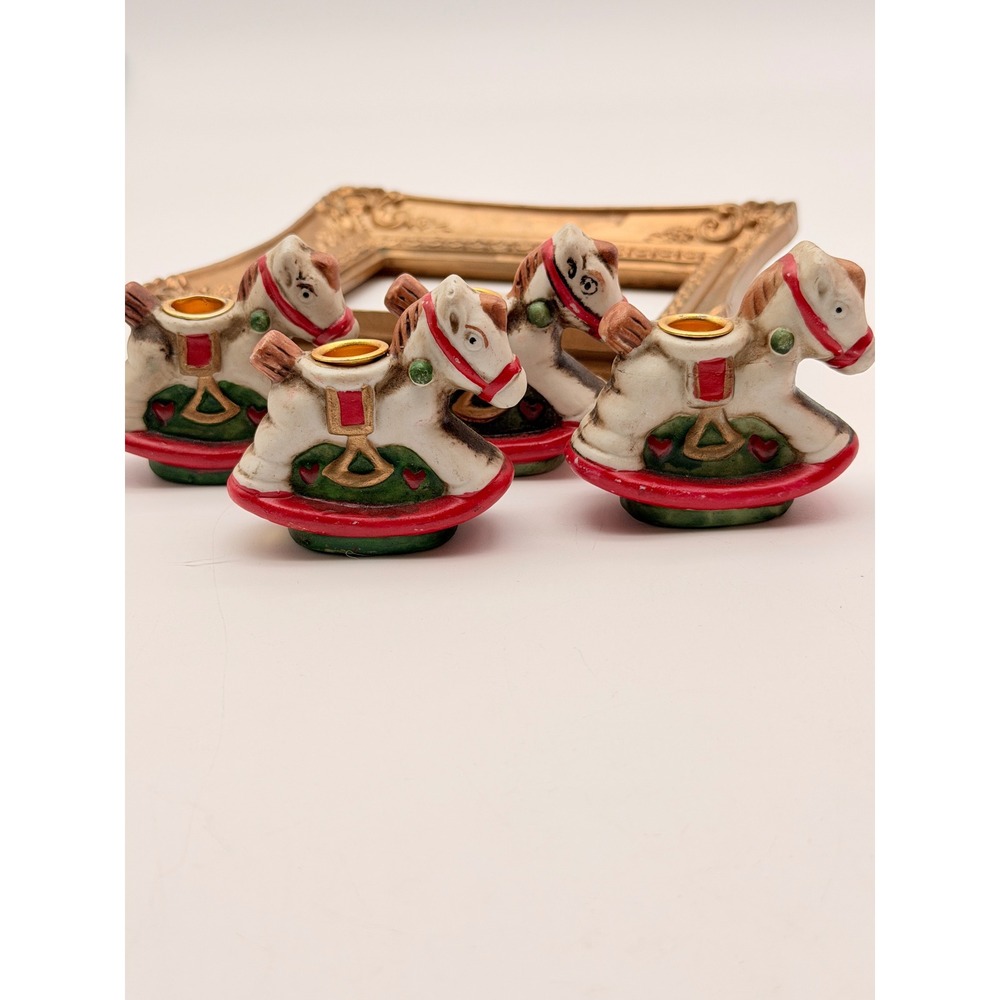 Vintage Christmas Rocking Horse Ceramic Chime Candle Holder Set of 4 Red Green
